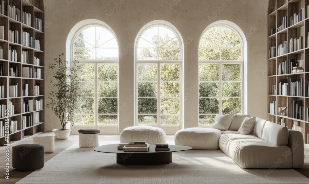 Chic living room with arched windows and monochromatic bookshelves, featuring a modern aesthetic and abundant natural light Chic living room with arched windows and monochromatic bookshelves, featuring a modern aesthetic and abundant natural light