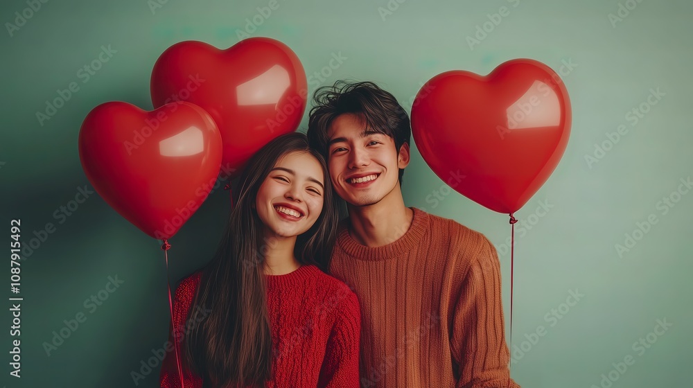 Happy couple with heart shaped balloons on blue background. Valentine's Day celebration Happy couple with heart shaped balloons on blue background. Valentine's Day celebration