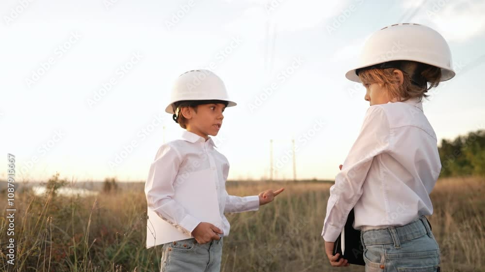 Little Children As Engineers Or Managers, Safety Helmets, Talking Work On Site Little Children As Engineers Or Managers, Safety Helmets, Talking Work On Site