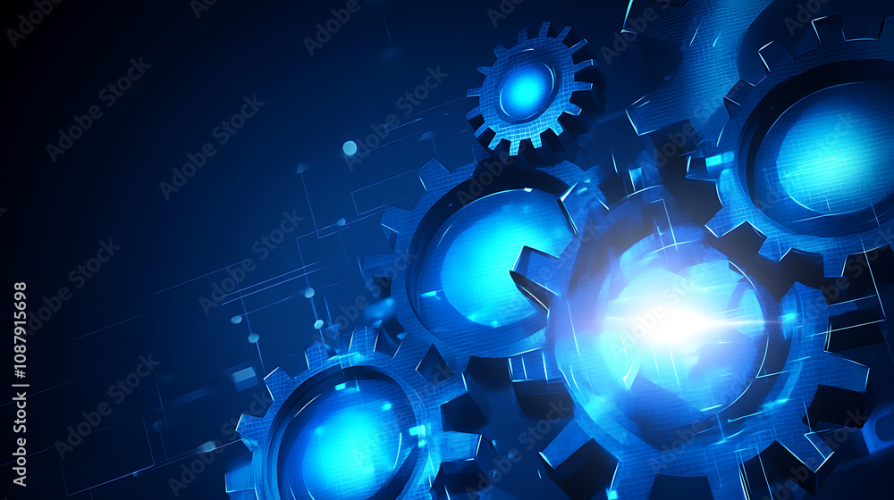 Obraz premium Abstract blue gear high-tech background with technology, digital and data elements Digital future tech banner template