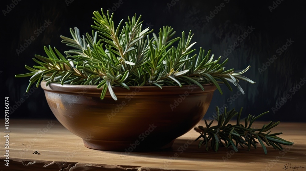 A rustic bowl filled with fresh rosemary sprigs, with two sprigs spilling out onto a wooden table.
