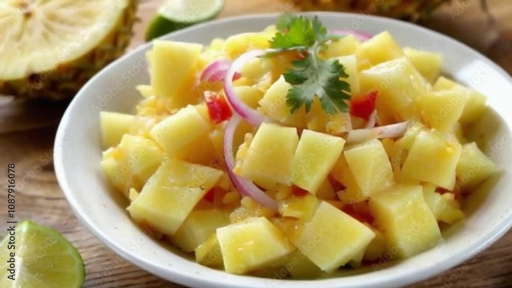 4K Close-Up Shot of Fresh Pineapple Salsa on a Rustic Wooden Table: A Summer Vibe 4K Close-Up Shot of Fresh Pineapple Salsa on a Rustic Wooden Table: A Summer Vibe