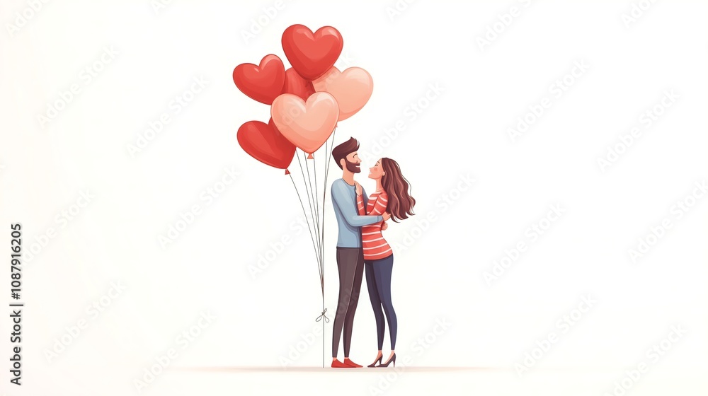 Happy couple with heart shaped balloons on white background. Valentine's Day celebration Happy couple with heart shaped balloons on white background. Valentine's Day celebration