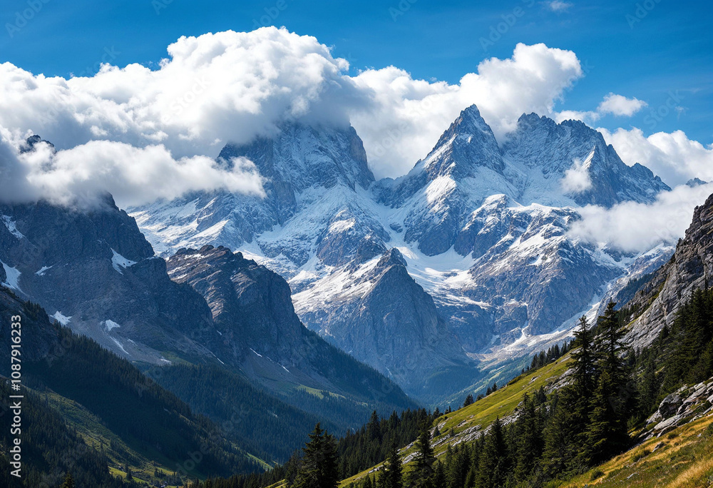 Fototapeta premium Towering Mountain Peaks with Snow-Capped Summits and Rolling Clouds