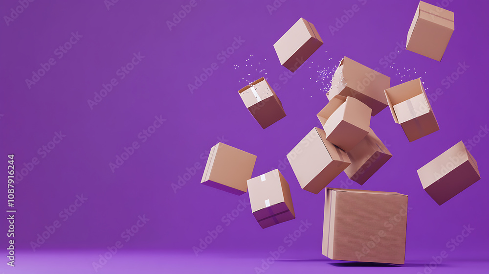 Closed and sealed cardboard parcel boxes depicted as falling against a violet background Closed and sealed cardboard parcel boxes depicted as falling against a violet background