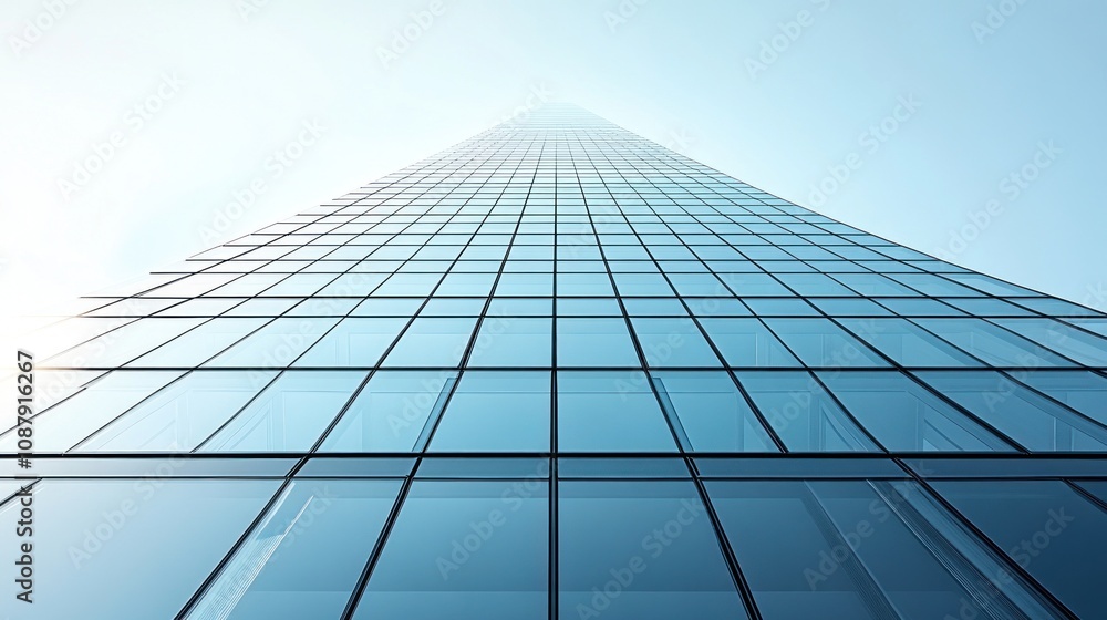 Low angle view of a tall glass skyscraper reaching towards a bright sky. Low angle view of a tall glass skyscraper reaching towards a bright sky.