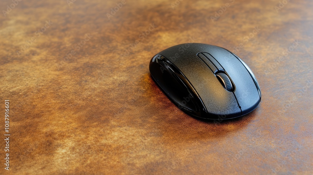 Close-up View of a Black Wireless Computer Mouse on a Textured Brown Surface, Ideal for Technology and Office Settings, Featuring Sleek Design and Ergonomic Shape Close-up View of a Black Wireless Computer Mouse on a Textured Brown Surface, Ideal for Technology and Office Settings, Featuring Sleek Design and Ergonomic Shape