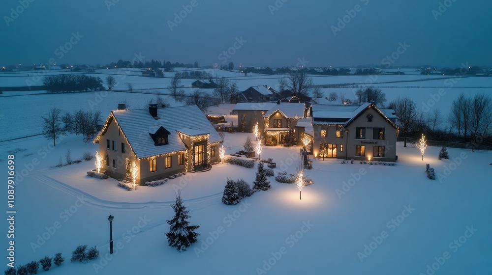 Fototapeta premium Stunning Winter Wonderland Scene with Beautifully Lit Houses and Snow-Covered Landscape at Twilight in a Serene Rural Setting