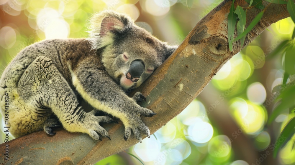 Fototapeta premium Peaceful koala sleeping on tree branch in sunlit forest
