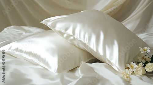 Two white pillows encased in satin, silk, or lyocell pillowcases on a white sheet, showcasing bedding and accessories photo