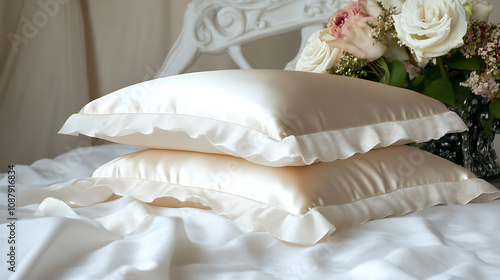 Two white pillows encased in satin, silk, or lyocell pillowcases on a white sheet, showcasing bedding and accessories photo