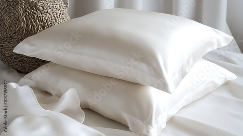 Two white pillows encased in satin, silk, or lyocell pillowcases on a white sheet, showcasing bedding and accessories photo