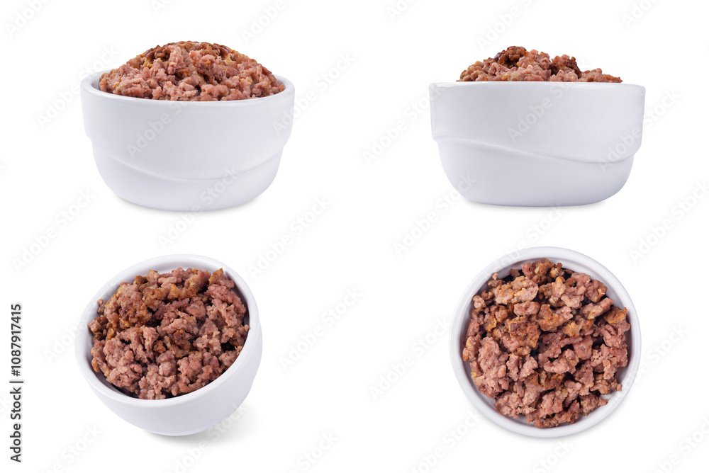 Fried ground meat in a white bowl on a white isolated background Fried ground meat in a white bowl on a white isolated background