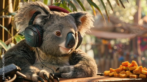 Koala enjoys music with headphones in tropical setting photo