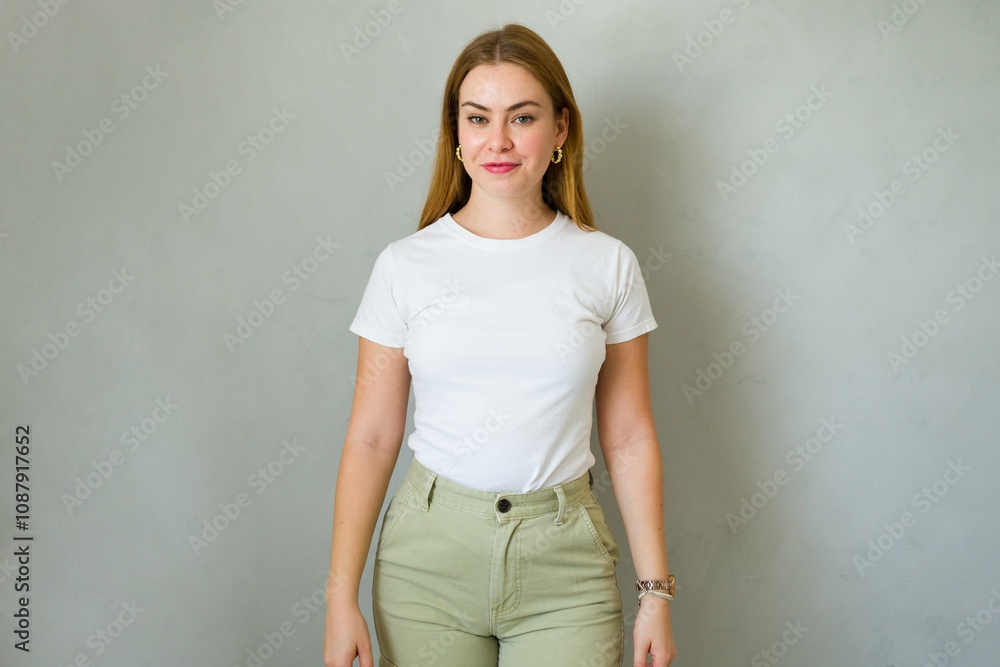 Young woman with long blonde hair wearing a white t-shirt is posing in a studio with a gray background Young woman with long blonde hair wearing a white t-shirt is posing in a studio with a gray background