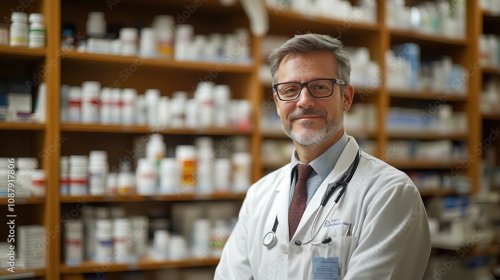 Pharmacist displaying various medications and pills on a pharmacy counter, bright store space Pharmacist displaying various medications and pills on a pharmacy counter, bright store space