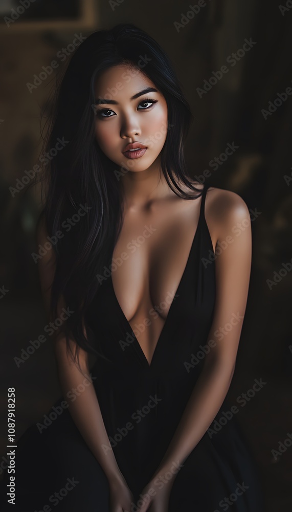 Asian woman in a black floor-length dress with a plunging neckline Asian woman in a black floor-length dress with a plunging neckline