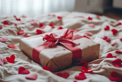 A beautifully wrapped Valentine's Day gift with a red ribbon, placed on a bed with rose petals and heart-shaped confetti.