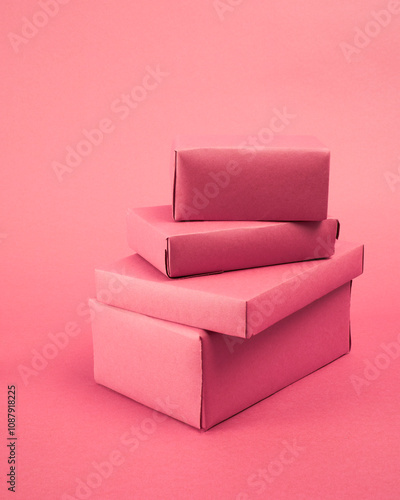 collection of roughly wrapped boxes in various sizes on pink background photo