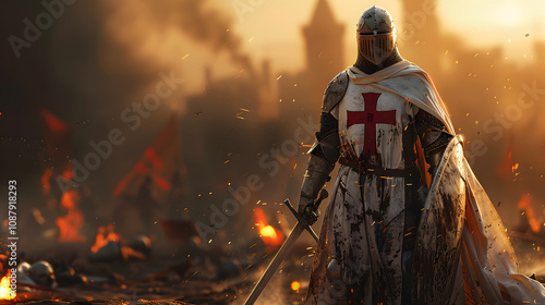 Dramatic portrait of a crusader knight in bloodstained armor and a white cape with a red cross, standing tall amidst a fiery battlefield, evoking heroism and intensity under a golden sunset.
