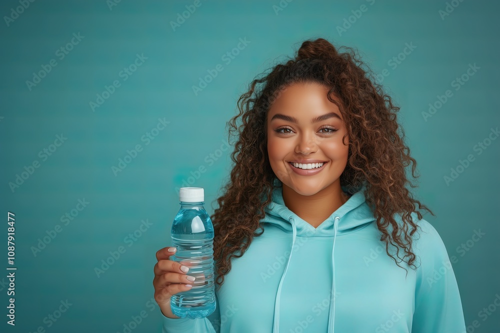 Portrait of happy plus size woman in jogging clothes holding bottle of water, looking at camera and smiling, Portrait of happy plus size woman in jogging clothes holding bottle of water, looking at camera and smiling,