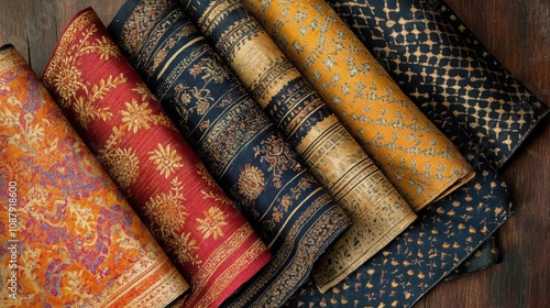 Vibrant Textiles with Intricate Patterns Showcasing Rich Colors and Traditional Designs for Fashion, Home Décor, and Creative Projects