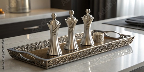 Elegant Arrangement A minimalist display of sleek metallic s figurines positioned on a decorative tray with soft lighting enhancing their curves and details. photo