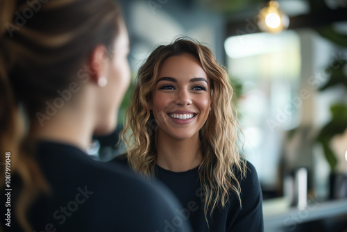Wallpaper Mural A smiling female hairstylist discusses hairstyle options with a client in a modern salon with contemporary decor. Torontodigital.ca