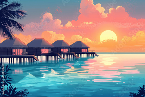 an illustration poster design of the maldives featuring a serene depiction of overwater bungalows, with the ocean and sunset as central themes