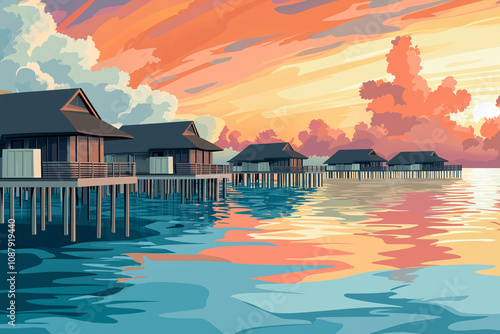 an illustration poster design of the maldives featuring a serene depiction of overwater bungalows, with the ocean and sunset as central themes