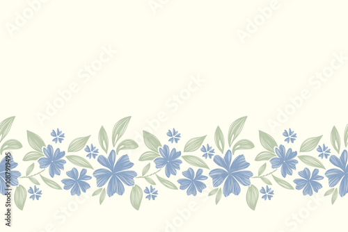 Vintage floral ethnic tapestry modern embroidery texture boho design vector illustration hand drawn silhouette indigo blue flower motif branches leaves wallpaper seamless background border.