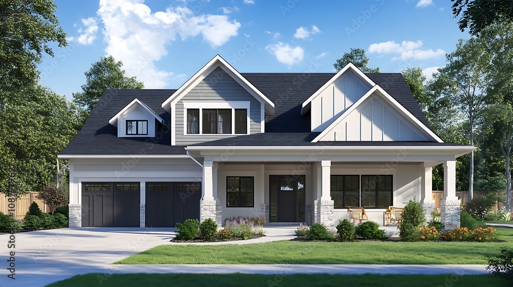 Beautiful new home exterior with two car garage and covered porch on sunny day Beautiful new home exterior with two car garage and covered porch on sunny day