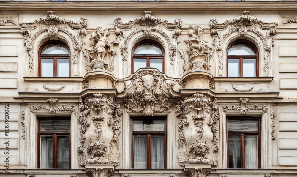 Detailed facade of an old, historic building with ornate architectural features, including decorative moldings, sculptures, and multiple windows Detailed facade of an old, historic building with ornate architectural features, including decorative moldings, sculptures, and multiple windows