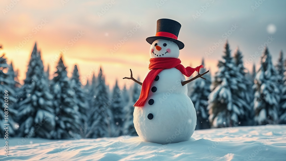Obraz premium happy snowman with a red scarf and hat in winter secenery with copy space