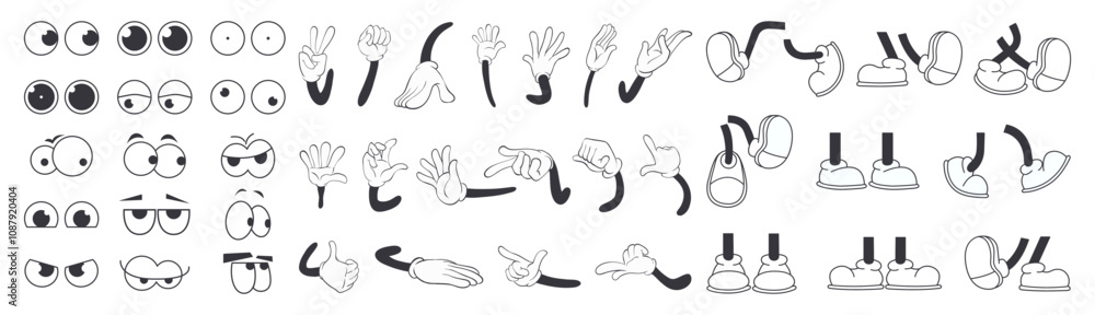 Set of 70s groovy comic faces vector. Collection of cartoon character faces, hand, legs in different emotions happy, angry, sad, cheerful. Cute retro groovy hippie illustration for decorative, sticker Set of 70s groovy comic faces vector. Collection of cartoon character faces, hand, legs in different emotions happy, angry, sad, cheerful. Cute retro groovy hippie illustration for decorative, sticker
