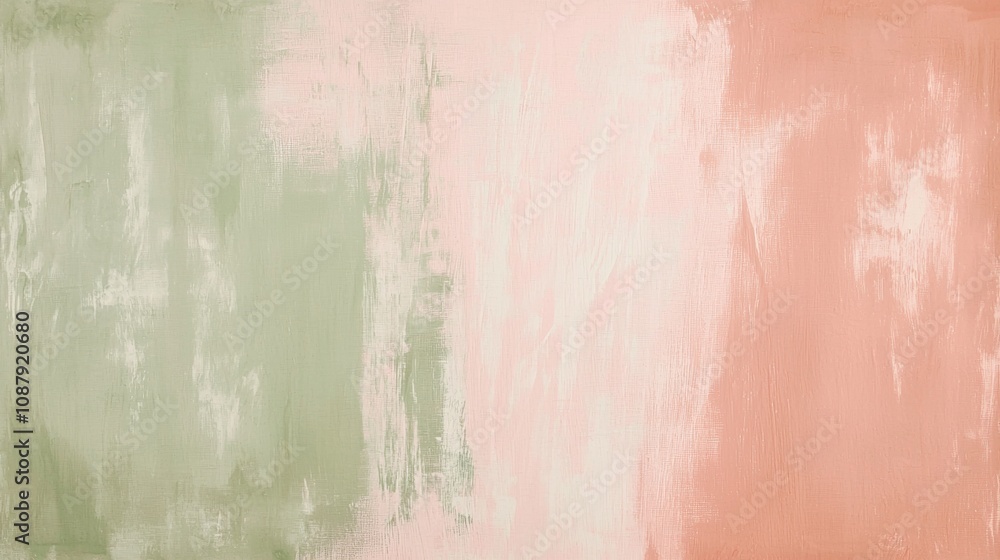 Fototapeta premium Wide abstract painting background showcasing a blend of green, pink, and peach colors, creating a soft and textured visual effect