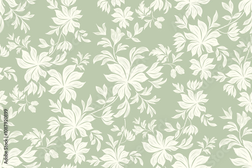 Vintage floral ethnic tapestry modern embroidery texture boho design vector illustration hand drawn silhouette white flower motif branches leaves wallpaper seamless green background border.