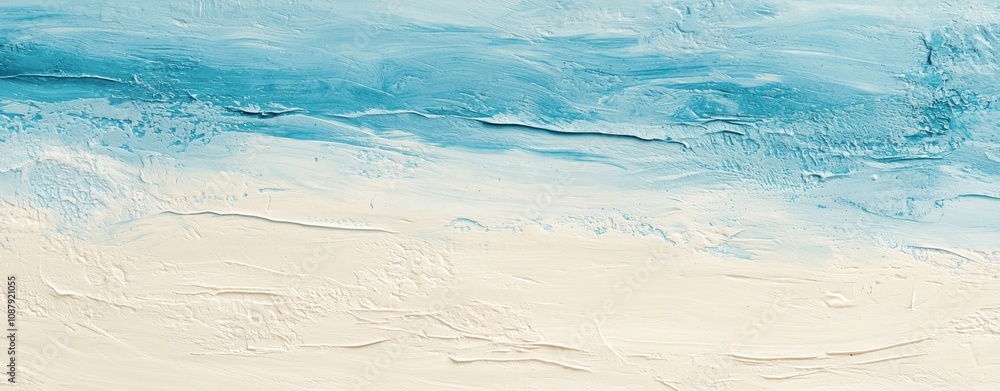 Light blue and beige oil painting depicting a tropical beach with visible brushstrokes creates a tranquil and relaxing summery seascape Light blue and beige oil painting depicting a tropical beach with visible brushstrokes creates a tranquil and relaxing summery seascape