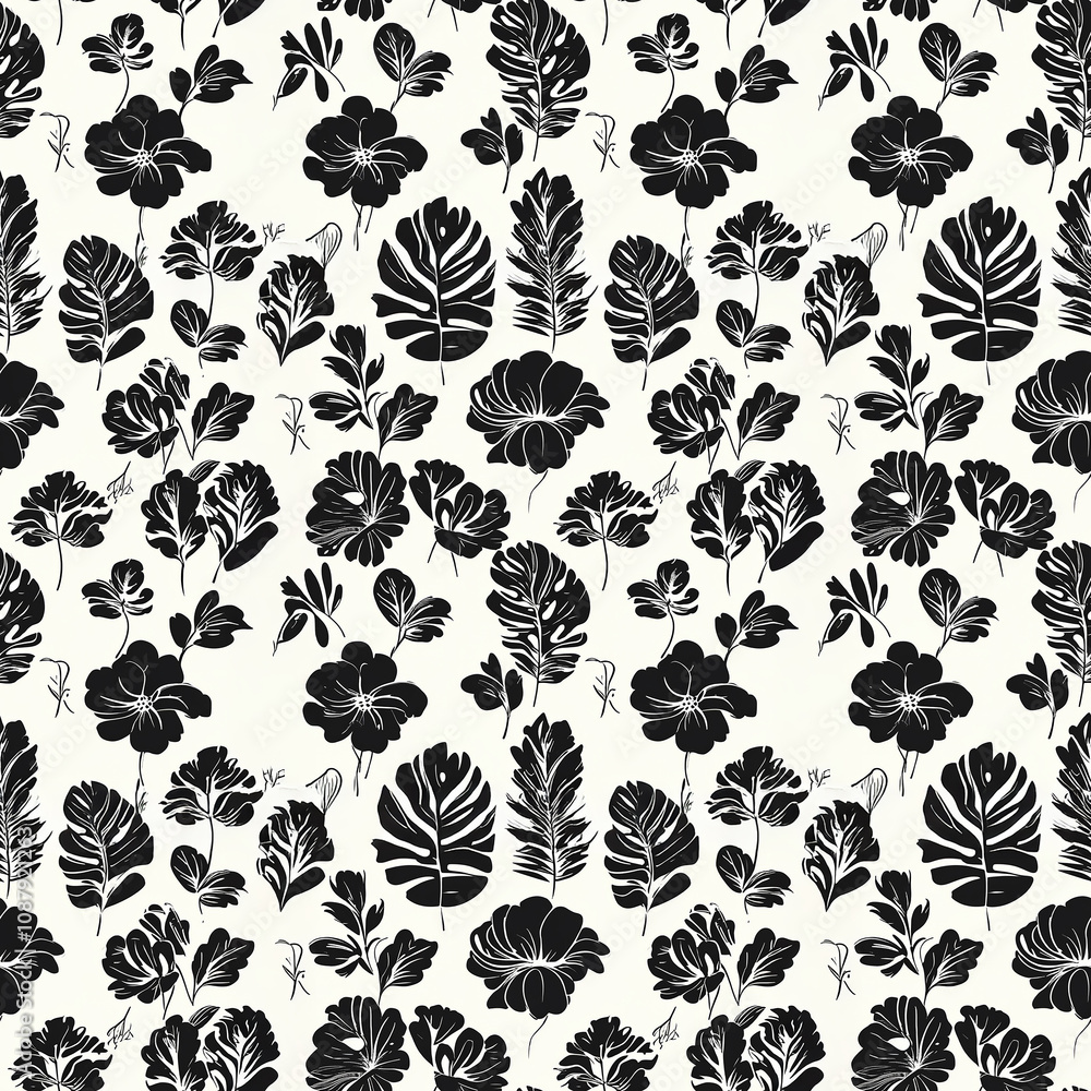 Elegant floral pattern design featuring bold monochrome elements in a harmonious layout Elegant floral pattern design featuring bold monochrome elements in a harmonious layout
