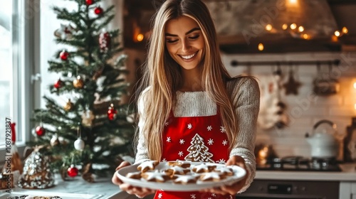 Smiling Female baker baking fresh Christmas, holiday cookies. Bakery. Bake. Cookies. Christmas. photo