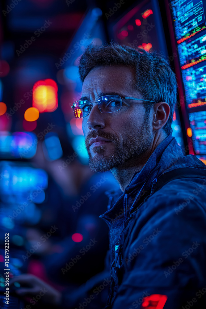 A person intently works at a control station surrounded by glowing screens displaying data in a dimly lit environment at night A person intently works at a control station surrounded by glowing screens displaying data in a dimly lit environment at night