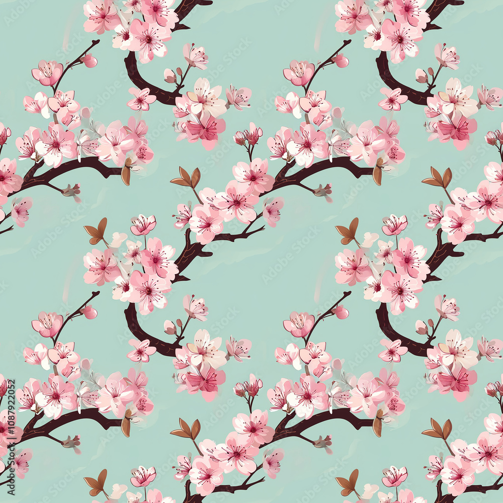 Blossoms adorning branches create a serene pattern against a tranquil background Blossoms adorning branches create a serene pattern against a tranquil background
