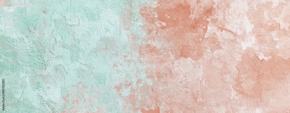 Fototapeta premium Soft pastel hues of turquoise and orange blend seamlessly in a watercolor background, creating a unique and visually appealing abstract texture with subtle cracks and variations in color intensity