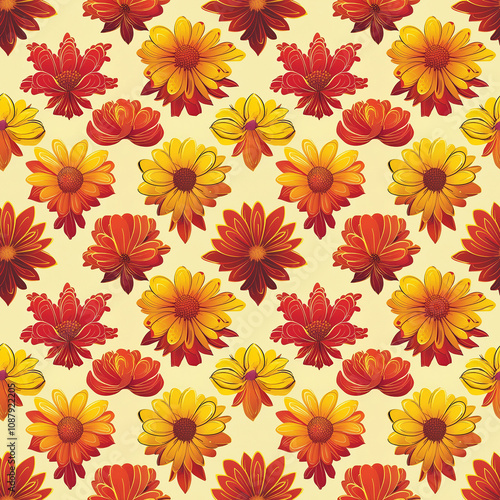 Wallpaper Mural Vibrant floral pattern adorned with warm tones of red, orange, and yellow blooms Torontodigital.ca