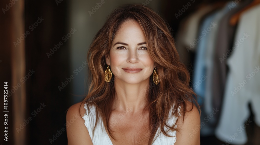 Smiling woman with brown hair wearing a white dress and golden earrings standing indoors with a blurred wardrobe background Smiling woman with brown hair wearing a white dress and golden earrings standing indoors with a blurred wardrobe background