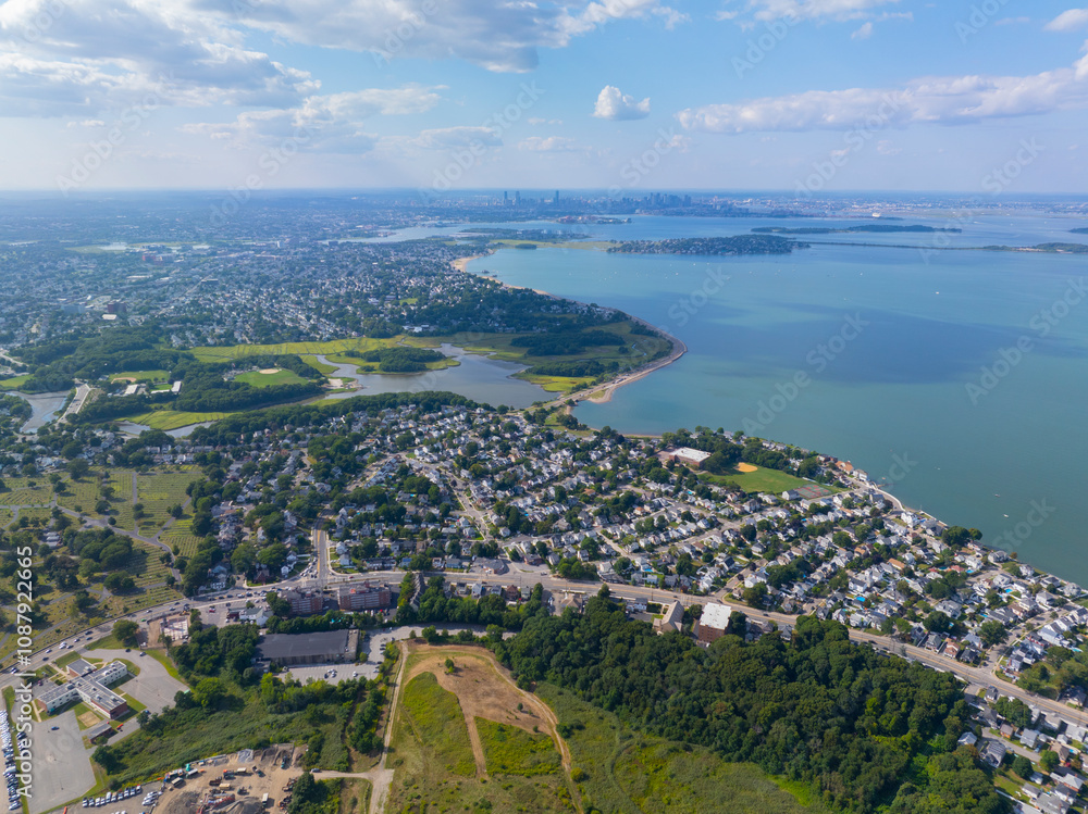 Fototapeta premium Houghs Neck aerial view at Quincy Bay in city of Quincy, Massachusetts MA, USA. 