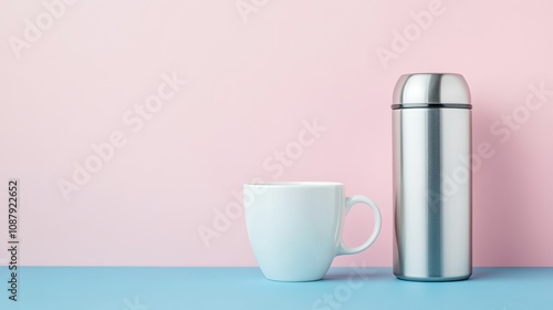 White ceramic cup and thermos bottle with empty space on a blue and pink background. Perfect for displaying your designs or branding.  photo