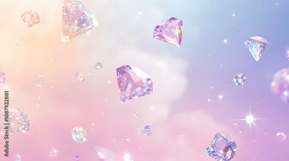 A soft pastel background with sparkling diamonds floating in the air, creating an enchanting and dreamy atmosphere for your product display presentation A soft pastel background with sparkling diamonds floating in the air, creating an enchanting and dreamy atmosphere for your product display presentation