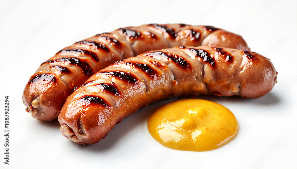 Grilled sausages with mustard on white background Grilled sausages with mustard on white background