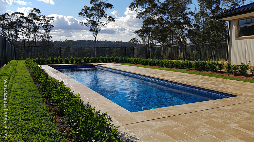 A newly constructed rectangular swimming pool with tan concrete edges, situated in the fenced backyard of a new house A newly constructed rectangular swimming pool with tan concrete edges, situated in the fenced backyard of a new house